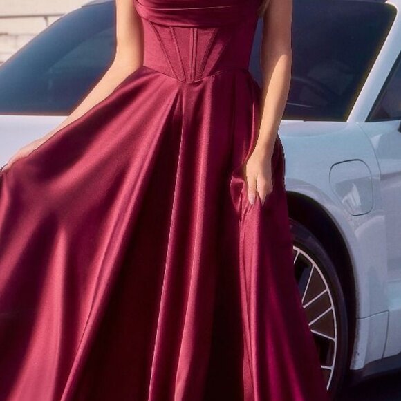 NEW FORMAL A-LINE SOFT SATIN DRESS W/ SPAGHETTI STRAPS & LACE UP BACK CD 7481 - Picture 6 of 7